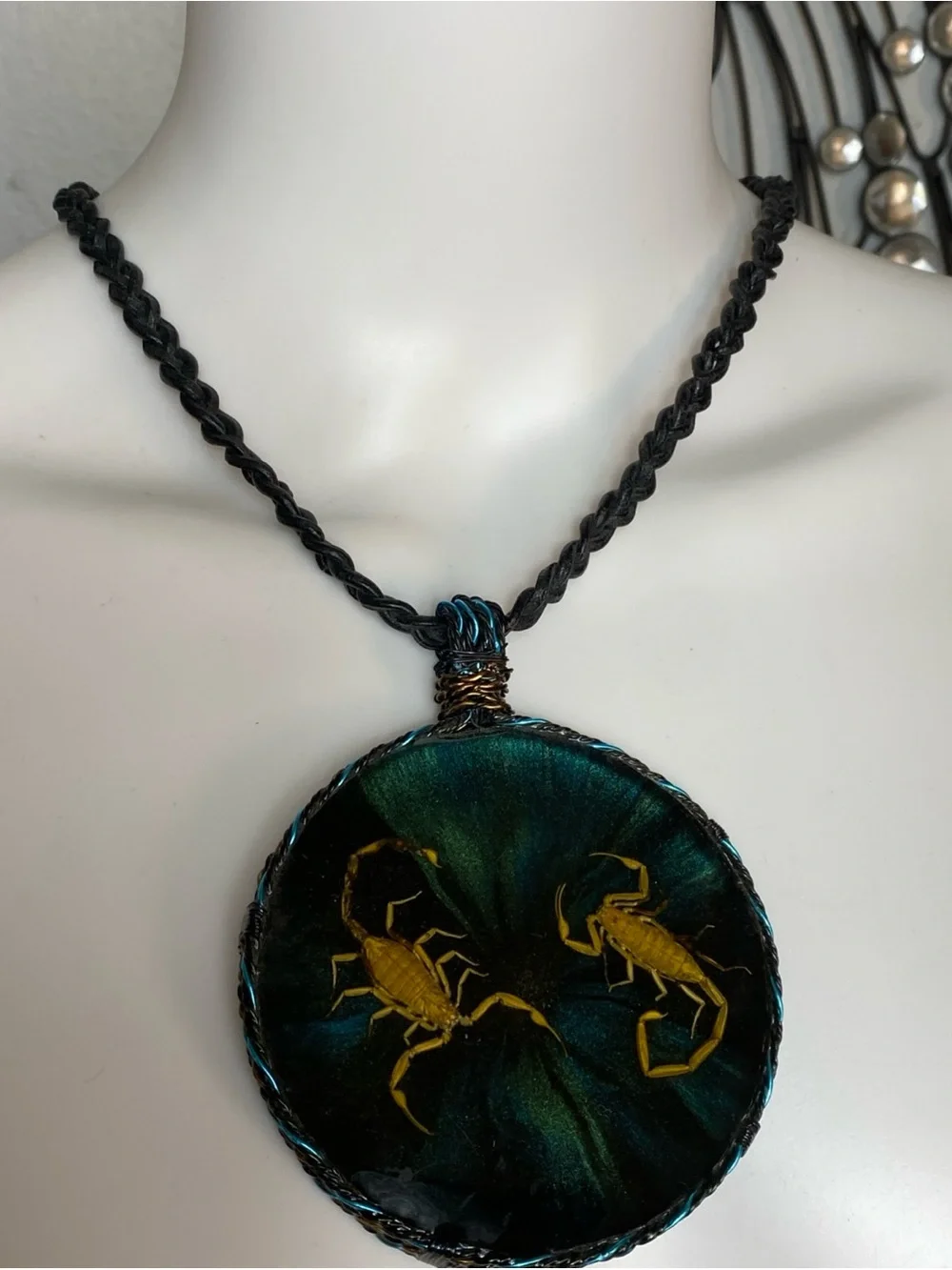 Necklace Cord Leather Big handmade Resin pendant featuring real scorpions